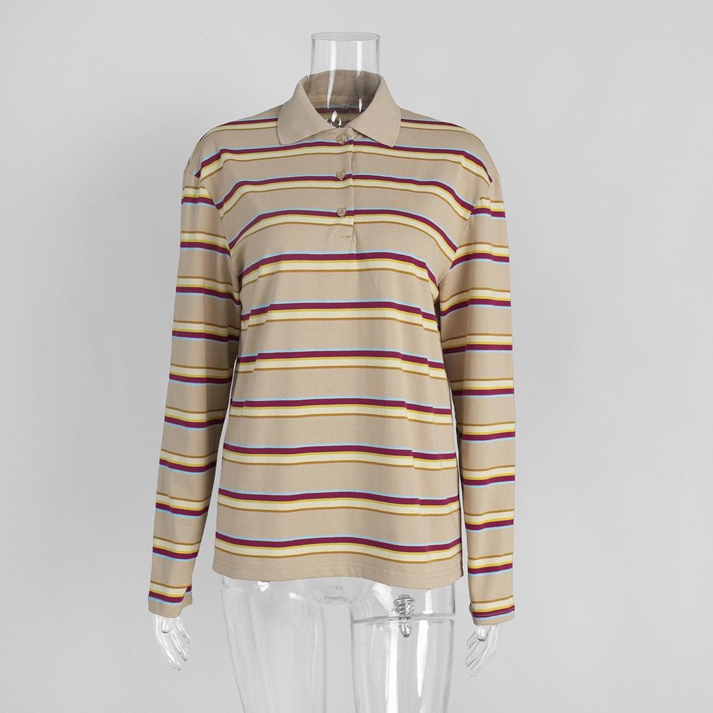Women's Spring Summer Long Sleeve Striped Polo T-Shirt, Loose Retro Trendy Casual Top for Women