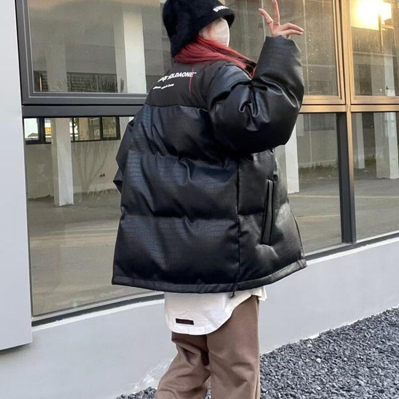 Vintage imitert skinnjakke for kvinner Bomull Parka Svart Tykk Varm Vinter Høst Pu Oversized jakke Yttertøy i koreansk stil