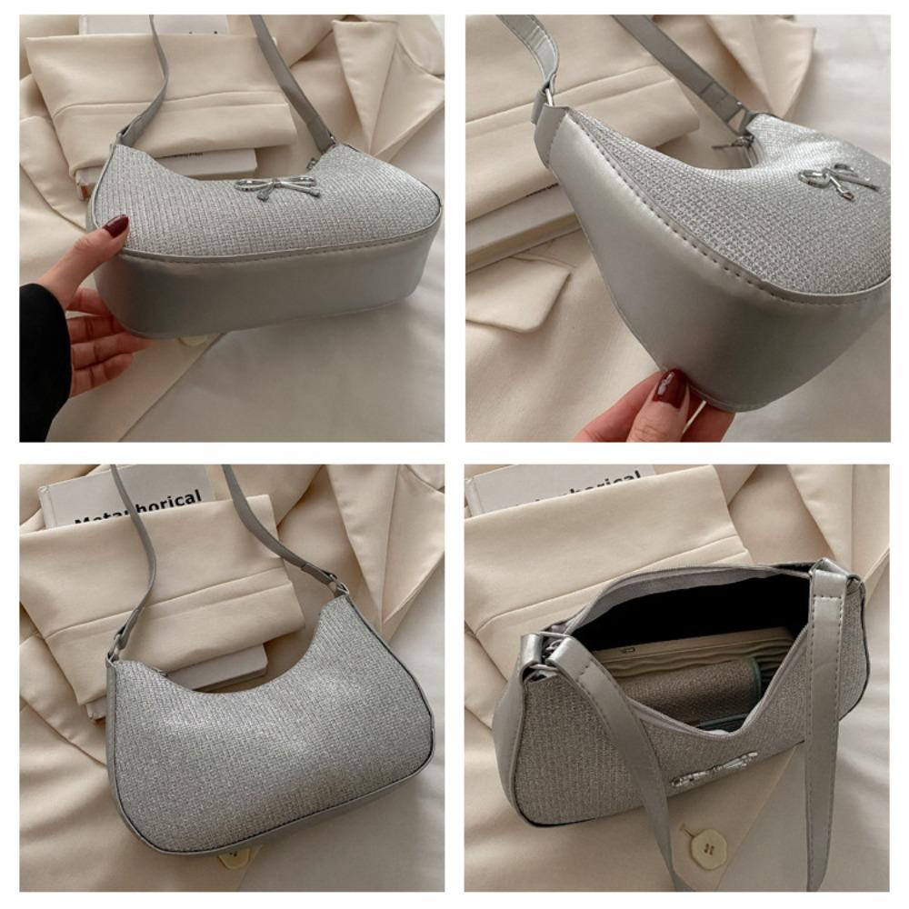 Shiny Underarm Tote Bag Solid Color Women Handbag Simple Bowknot Shoulder Bag Girls