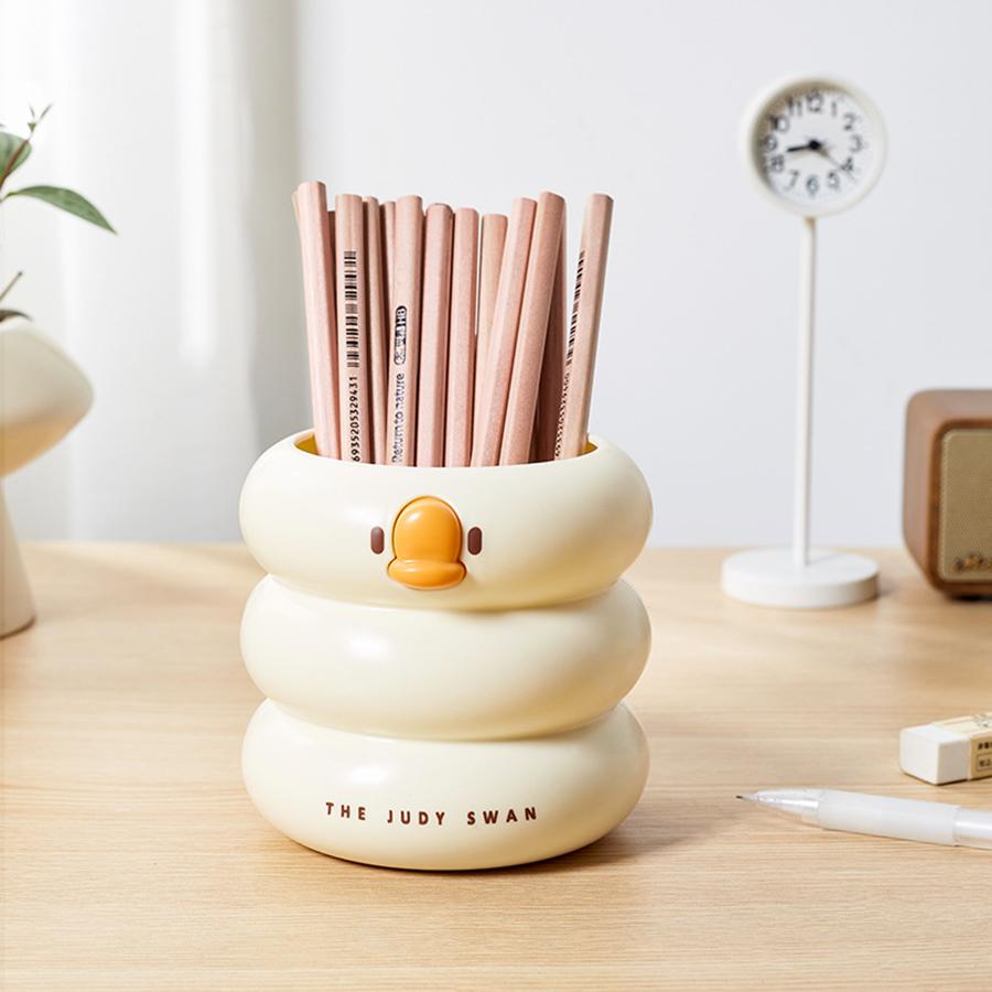 1pc Round Cartoon Duck Style Pen Container Large Capacity Stationery Storage Container for School Office Signature Pen Storage