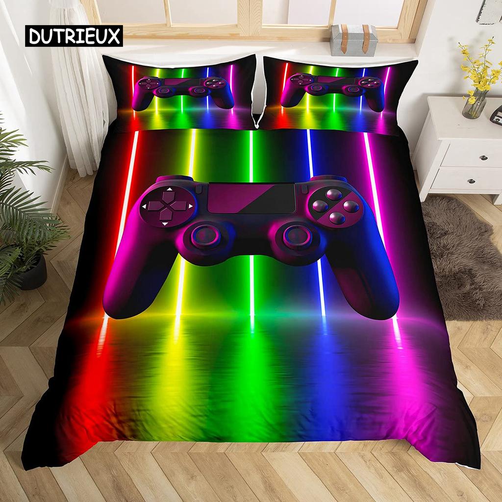 Gamepad Duvet Cover Set Queen Video Game Twin Bedding Set Microfiber Green Cartoon Gamer Pattern Electronic Theme Quilt Cover