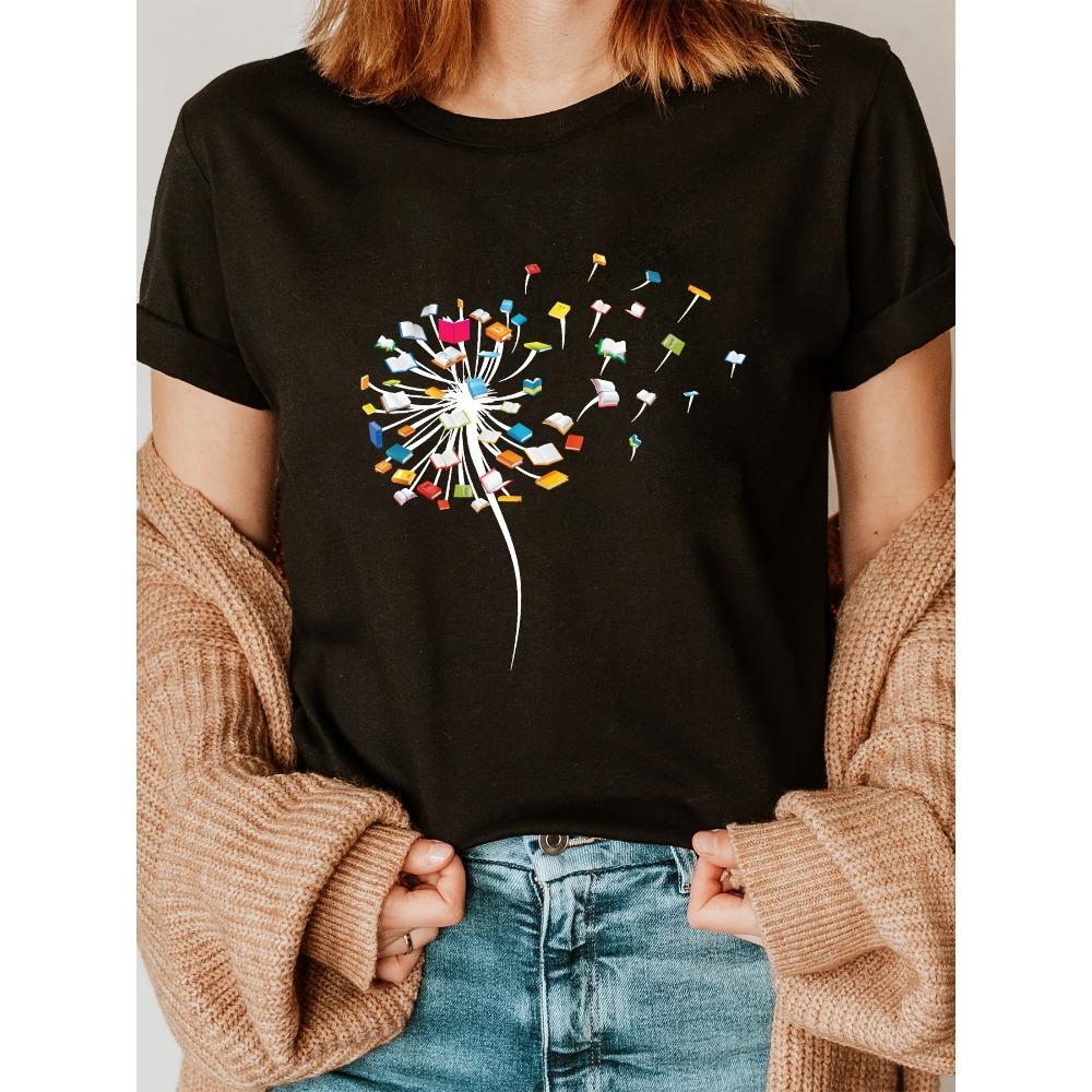 

Round Neck Short Sleeved Women s T-shirt - Fantasy Dandelion and Book Printed Casual Top Durable Pattern T-shirt XS