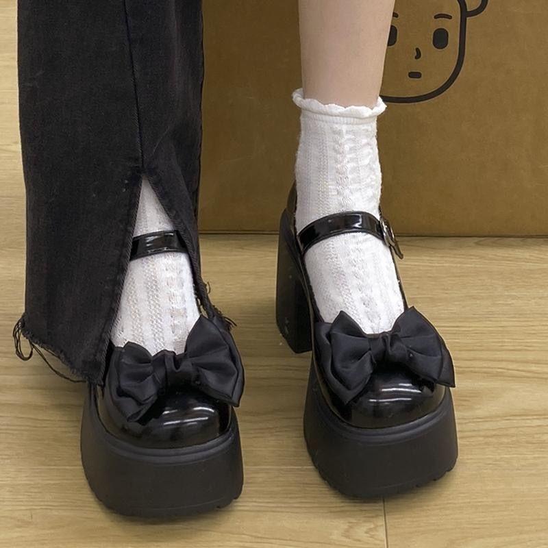 Fashion Bow High Heels Small Leather Shoes Women's Spring and Summer New Thick Heel with Skirt Mary Jane Single Shoes