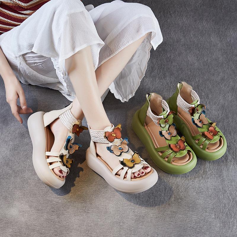 Moda Alta Qualità 5CM Pelle di Mucca Vera Scarpe Basse Fiore Stivali Donna Traforati ZIP Scarpe con Tacco Estate Piattaforma Zeppa Sandali Mary Jane