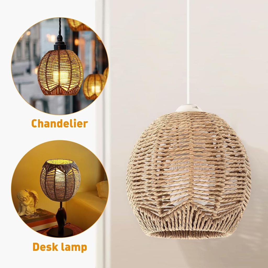 Wicker Globe Lamp Shade Woven Rattan Boho Lamp Shade Replacement Small Ceiling Fan Light Covers Retro Hanging Lampshade for Bedroom Living Room