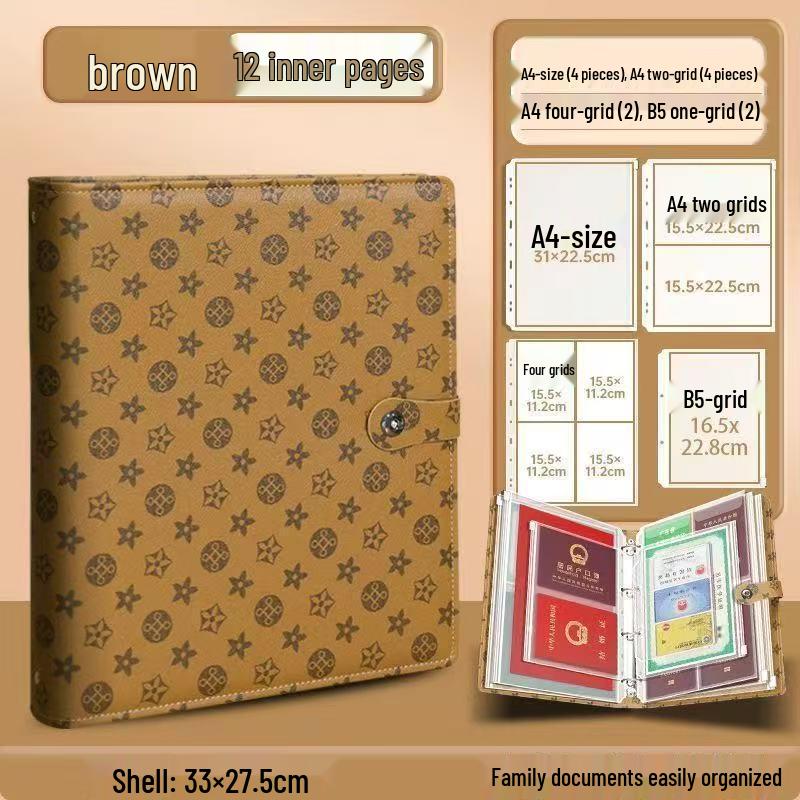 Family Document Storage Bag: Leather Magnetic Buckle A4 Album for Certificates, Receipts & Documents