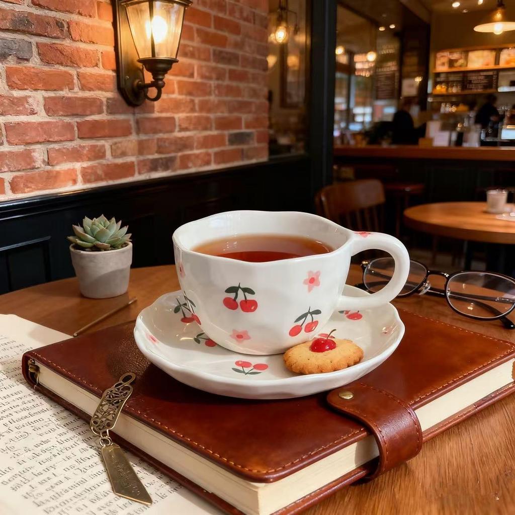 Korean Style Hand-Pinched Floral Ceramic Coffee Cup & Saucer Set - Hand-Painted Design, Perfect for Afternoon Tea