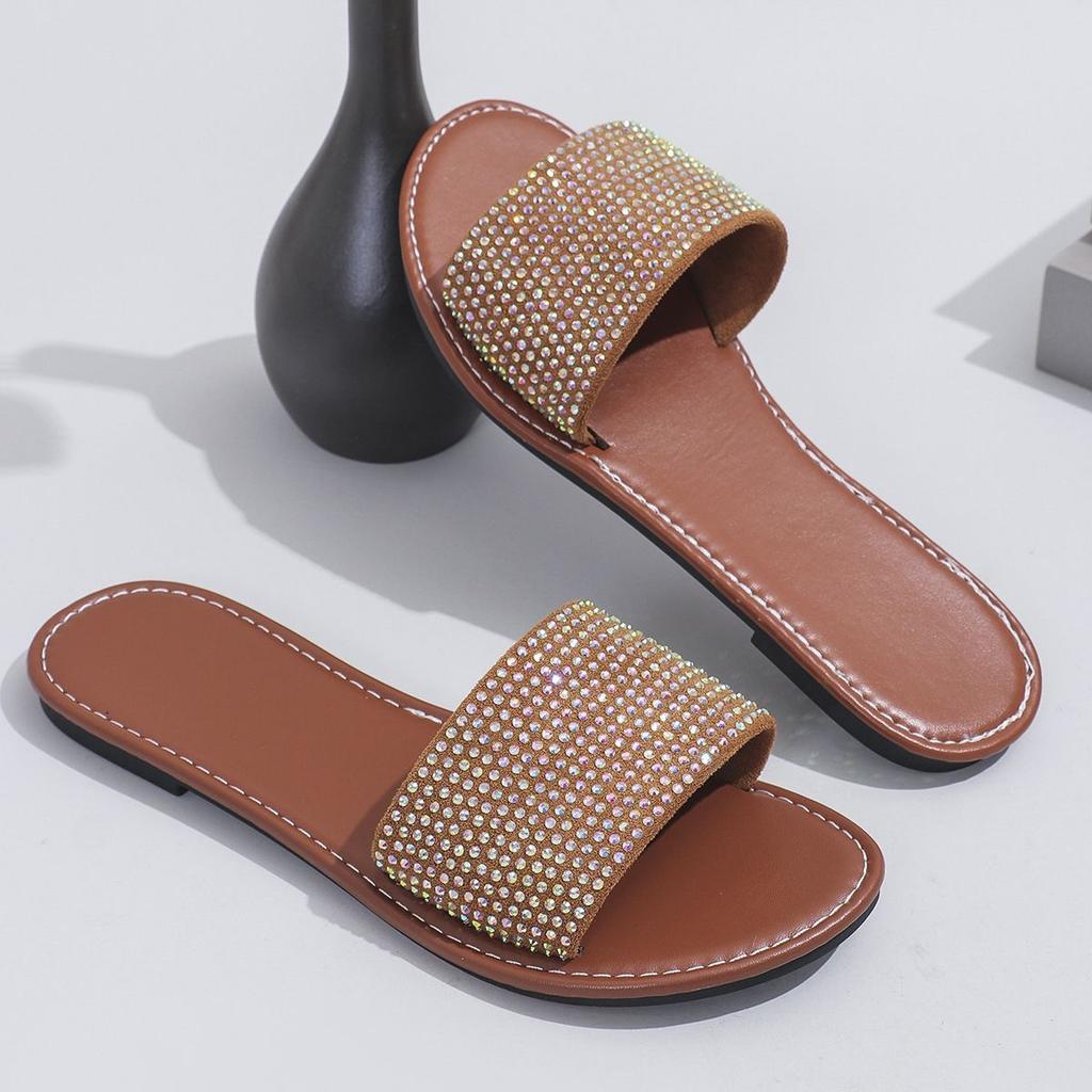 Fashion Summer women's sandals and slippers 2025 new crystal sparkling flat shoes soft soled women's flip flops beach shoes house