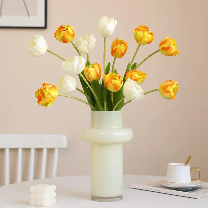 5pcs Artificial 3 Heads Tulips Branches Silk Fake Flowers for Holiday Party Decoration Simulation Tulip Champagne Pink Flower