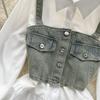 Koreansk Seriekläder Återupplivande Tvådelat Set Topp Retro Kort Jeansväst Trendigt Allmatchande Mellanlångt Skjortset