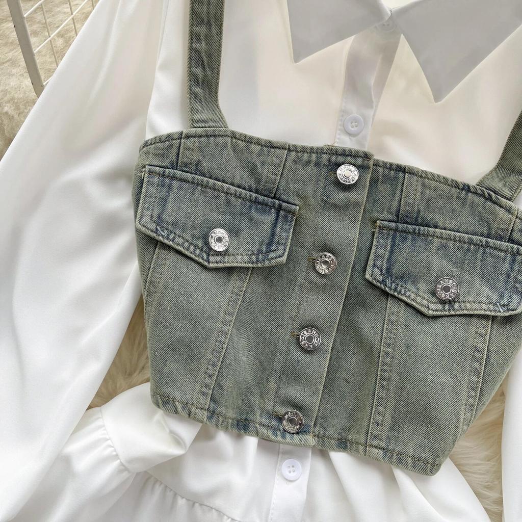Koreansk Seriekläder Återupplivande Tvådelat Set Topp Retro Kort Jeansväst Trendigt Allmatchande Mellanlångt Skjortset