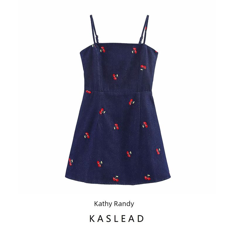 Kaslead New Arrival Women's Fashion Style Fashion Wash Embroidered Denim Shoulder Strap Adjustable Shorts Suspender Skirt