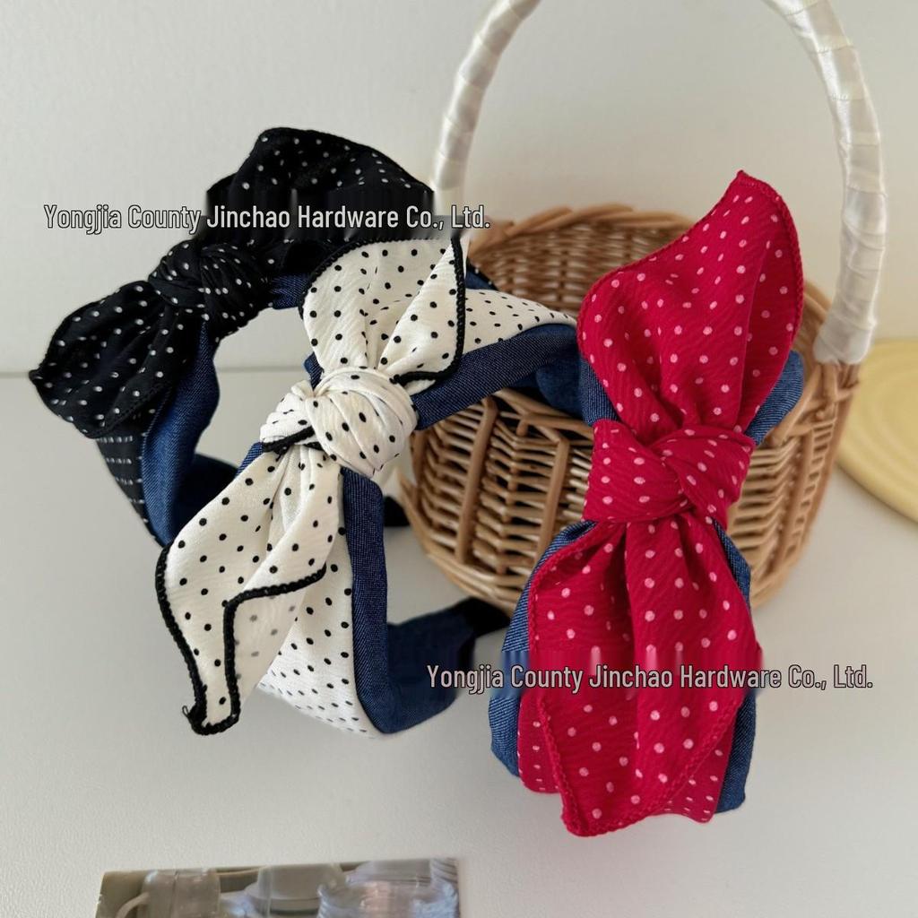 Korean Classic Red & White Polka Dot Bow Headband for Women - 2025 Fashion Hair Accessory