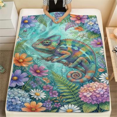 1PC Chameleons and Plants Print FlAannel Blanket, High Quality Comfortable for All Seasons, Home Decor, Warmth and Comfort