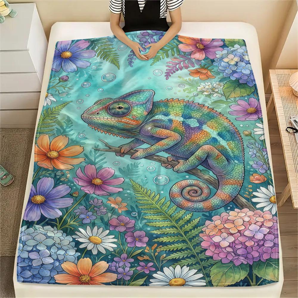 1PC Chameleons and Plants Print FlAannel Blanket, High quality Comfortable for All Seasons, Home Decor, Warmth and Comfort