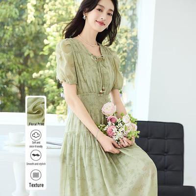 French V-Neck Printed Tencel Puff Sleeve Midi Dress