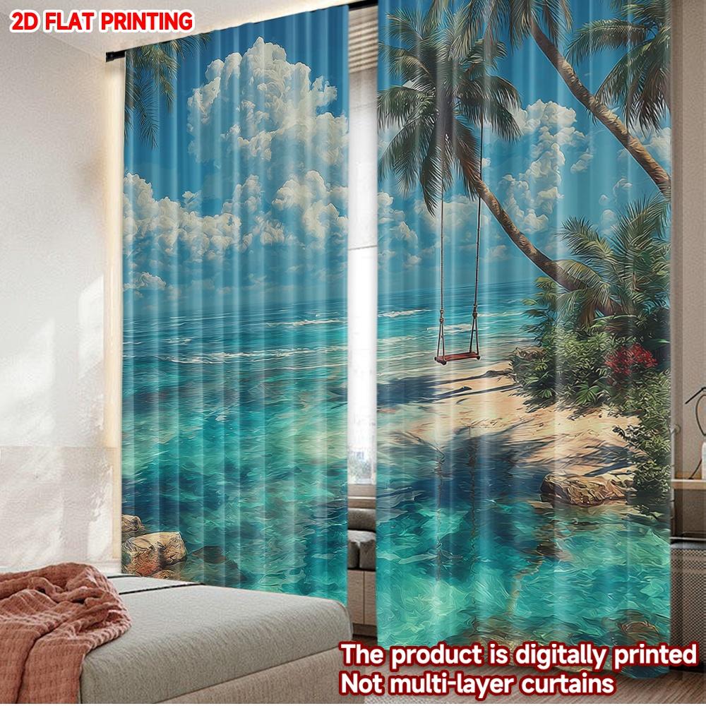 2pcs Digital Print Sea Beach View Curtains   Coastal Landscape Window Drapes for Living Room Bedroom Home Decor   Non Woven 100*130 Rod Pocket 1pcs