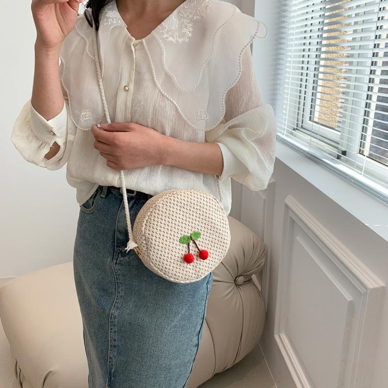 2025 Spring New Straw Cherry Small Round Bag Versatile Casual Handwoven Shoulder Bag Cute Oblique Cross Tide Bag