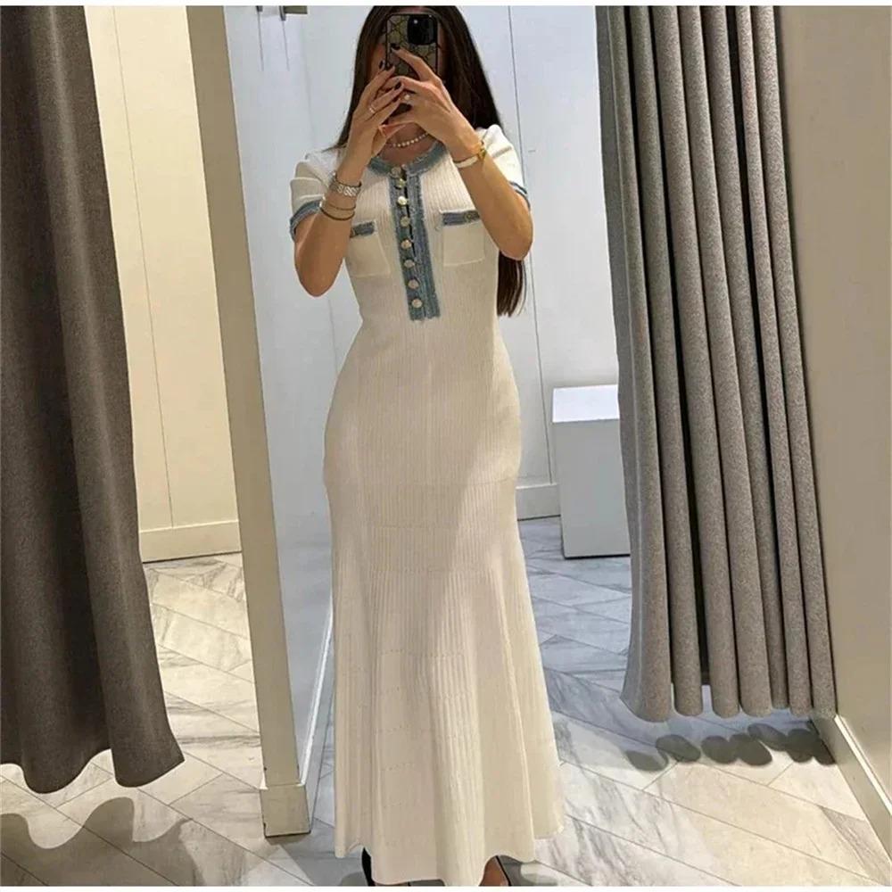LYRIA Elegant Contrasting Women Knit Maxi Dress Chic O-neck Short Sleeve Metal Buttons Bodycon Dresses Office Lady Commuting Robe