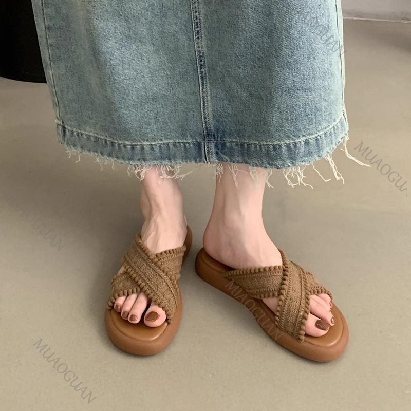 Summers Women Flat Bottom Slipper Open Toe Summer Retro Woven Cross Bohemian Style Slides Sandals Casual Outside Beach Slipper