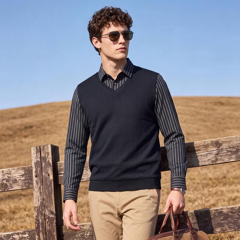 Antonio Men's Faux-Two Piece Striped Knit Sweater with Shirt Collar