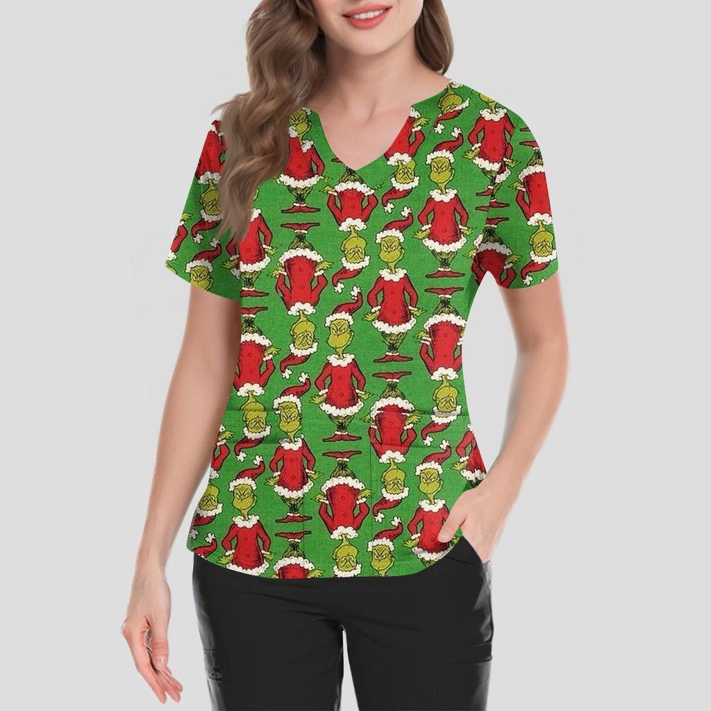 Damski T-shirt z krótkim rękawem z nadrukiem świątecznym, dekoltem w serek, zapinany na guziki z rozcięciem z boku