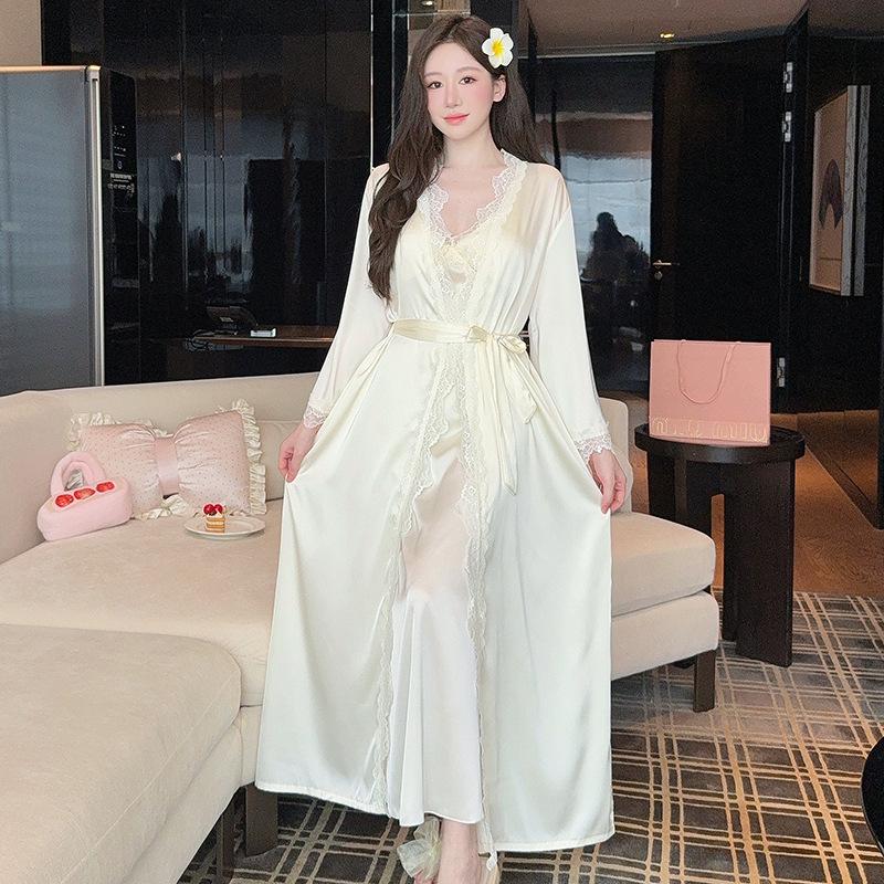 French pajamas women's summer ice silk suspender nightgown two-piece set sexy back waist thin nightgown with chest pad