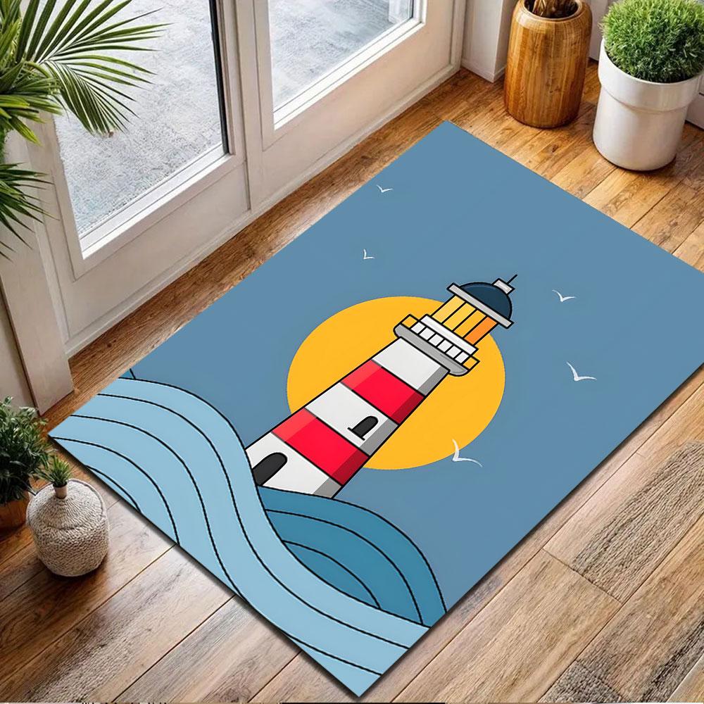 Lighthouse in Ocean Waves Patterned carpet, non slip mat suitable for living room and bedroom sofas