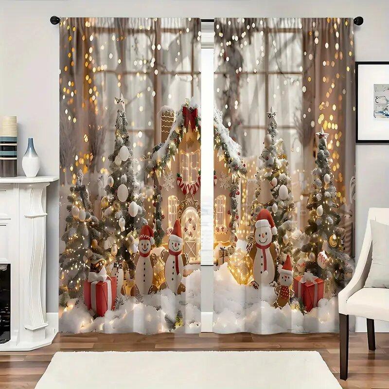 Set Of 2 Christmas Holiday Snowman Tree Pattern Printed Curtains Home Decoration Room Curtain Polyester
