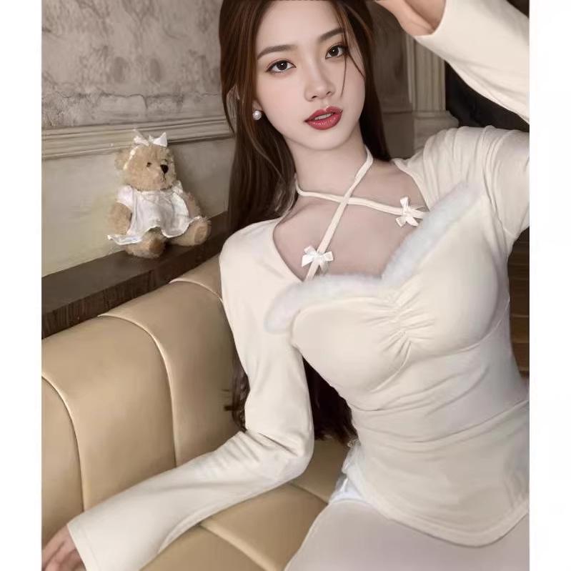 Trendy Spicy Girl Furry Halter Square Neck Long-Sleeve Base Layer Top