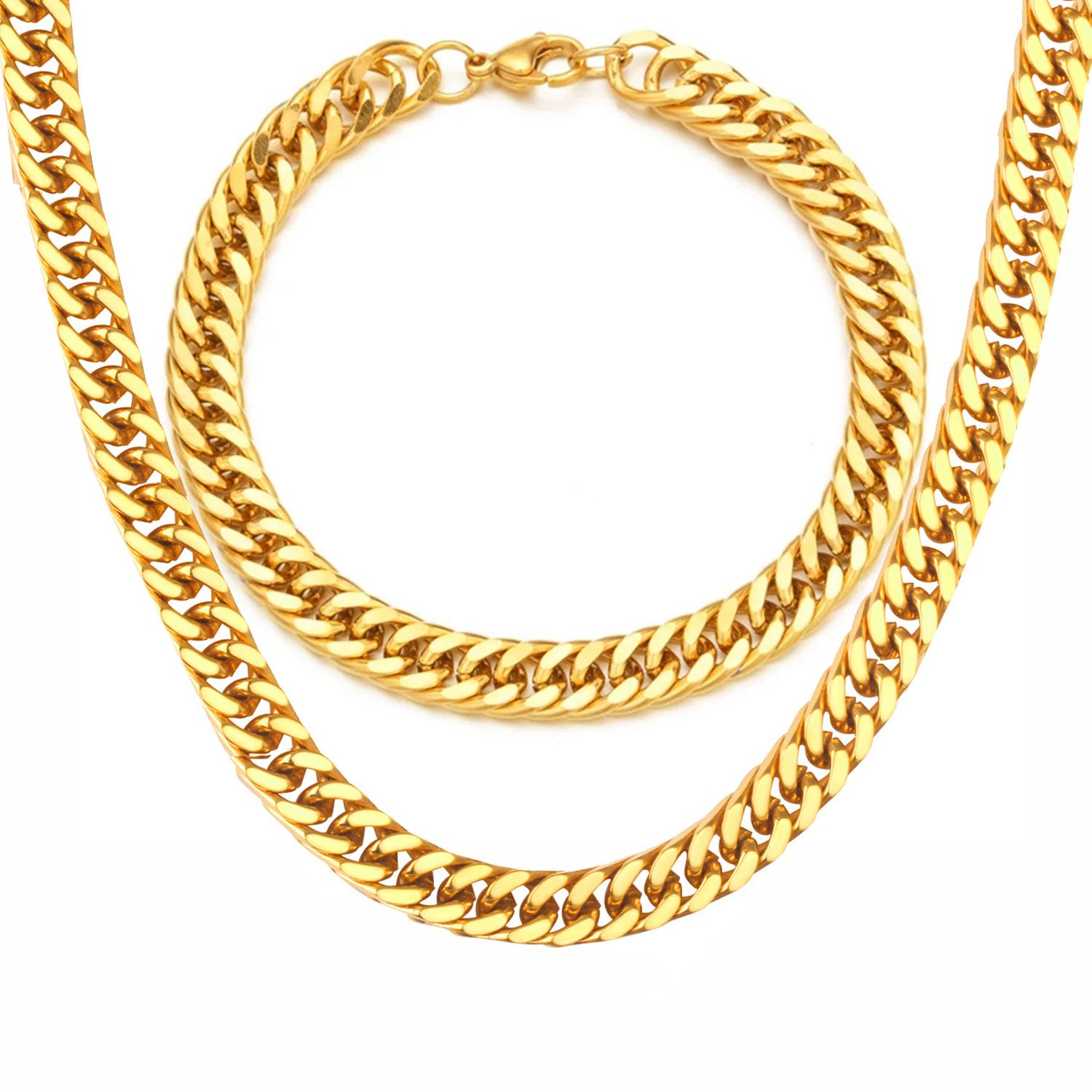 

Gold Color Stainless Steel 6.5mm Curb Cuban Link Chain Bracelets Necklace For Women Men Fashion Party Wedding Jewelry Sets Gift 50cm and 21cm