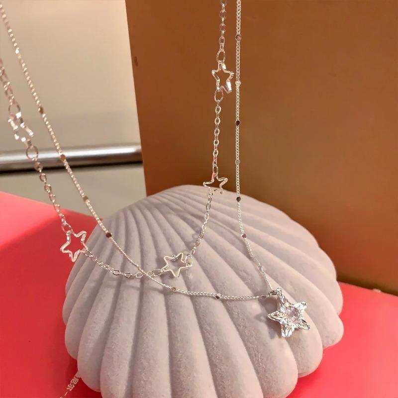 Delicate Sparkling Zircon Double Layered Star Pendant Clavicle Necklace For Women