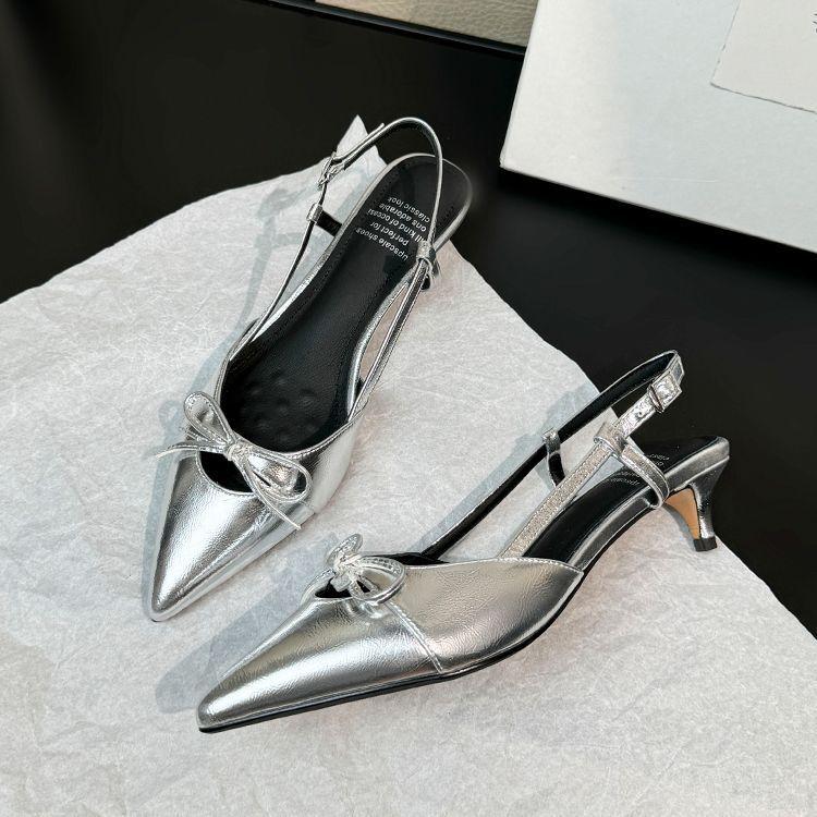 French silver bow bag head sandals women's 2025 summer absolute child thin heel empty single shoes pointed high heels