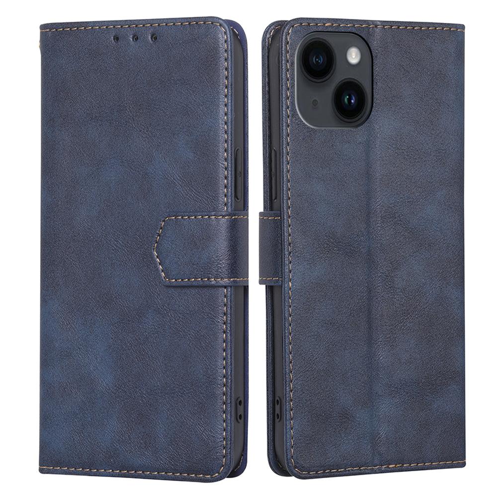

For iPhone 15 Anti-Scratch PU Leather Flip Case RFID Blocking Wallet Stand Phone Cover Blue