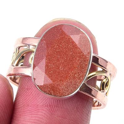 Natürlicher Sonnenstein Edelstein Handgefertigt 925 Sterlingsilber Zweifarbiger Ring Gr. 10 r4y24