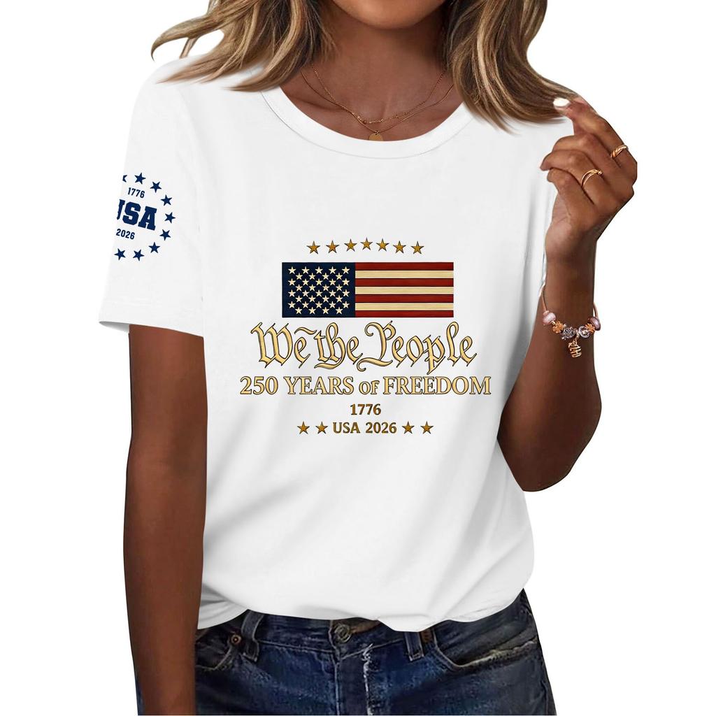 Short Sleeve Crew Neck T-Shirt with We the 250 Years of USA 1776 2026 Print for Women Men