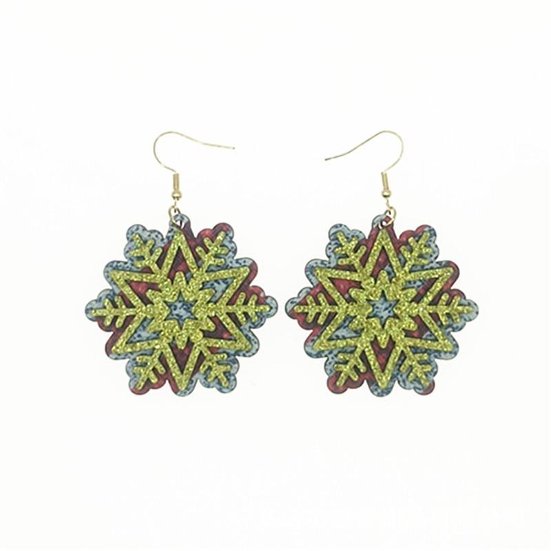 Cross-Border Christmas Snowflake Earrings: Hollow Wooden Double-Layer Leather Hooks