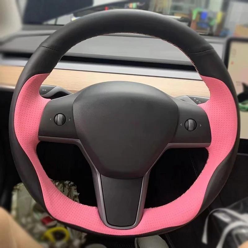 Benutzerdefinierte DIY Auto Lenkradbezug Kohlefaser Wildleder Leder Für Tesla Model 3 2017 2018 2019 2020 Auto Innenzubehör