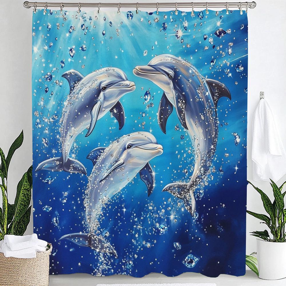 1pc Underwater World Blue Ocean Dolphin Cartoon Print Waterproof Shower Curtain Partition Privacy Hanging Curtain with 12 Hooks
