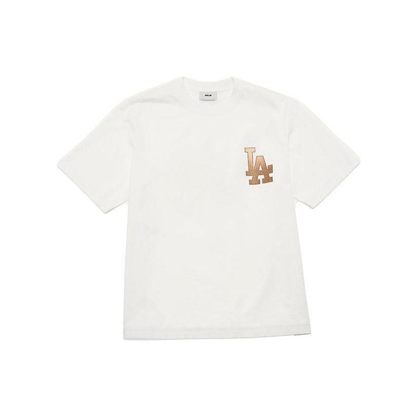 MLB Los Angeles Dodgers Checkered Glitter Logo Letter Print Crew Neck Short Sleeve T-Shirt Unisex T-Shirt Off-White 3ATSO0143-07WHS