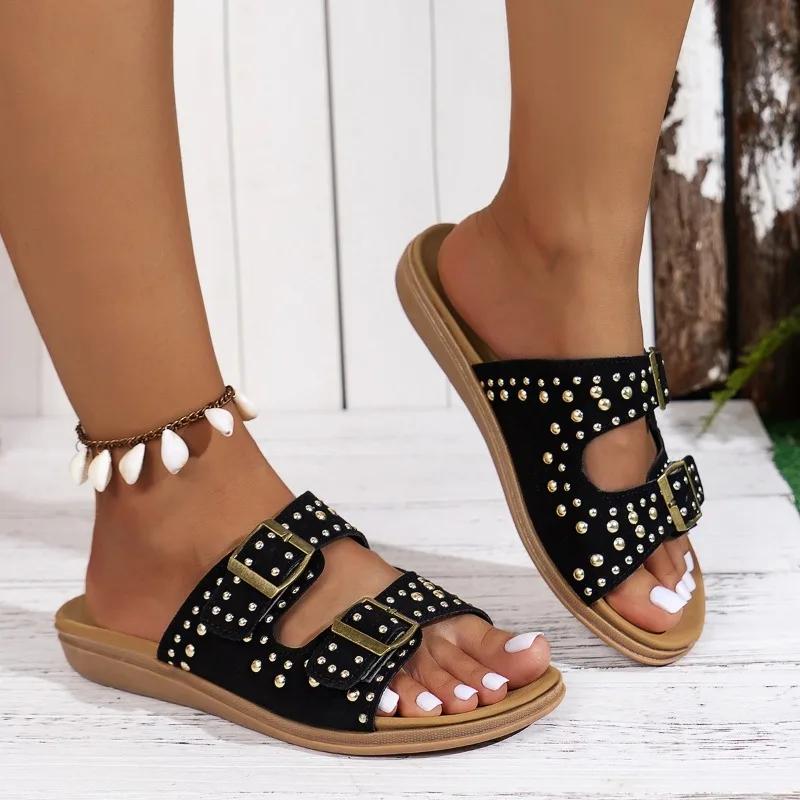 

Fashion 2024 Brand Women s Shoes Peep Toe Women s Slippers Fashion Metal Decoration Casual Slippers Women New Plus Size Flat Slippers 42 чёрный