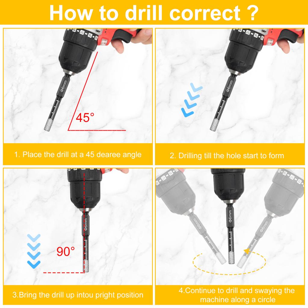 7Pcs 6mm Dry Diamond Drill Bits Set Vacuum Brazed Core Drill Bit Kit Quick Change Hex Shank for Porcelain Granite Tile Marble