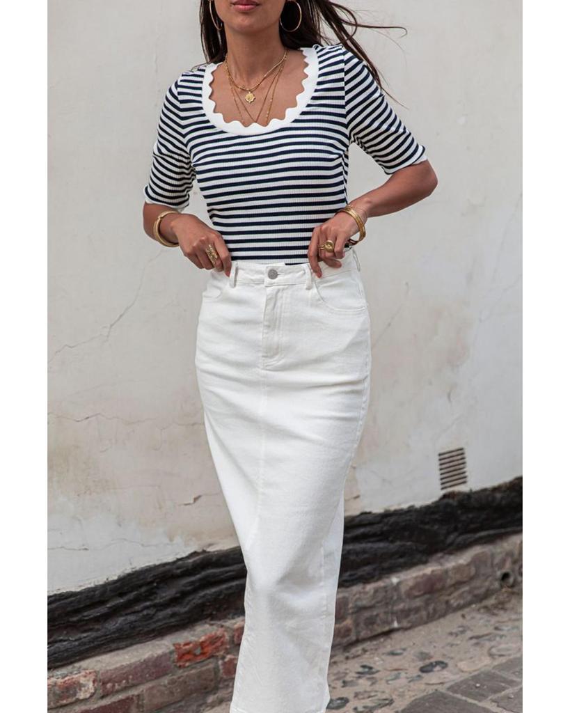 Azura Exchange Black Striped Contrast Scallop Trim Half Sleeve T-shirt