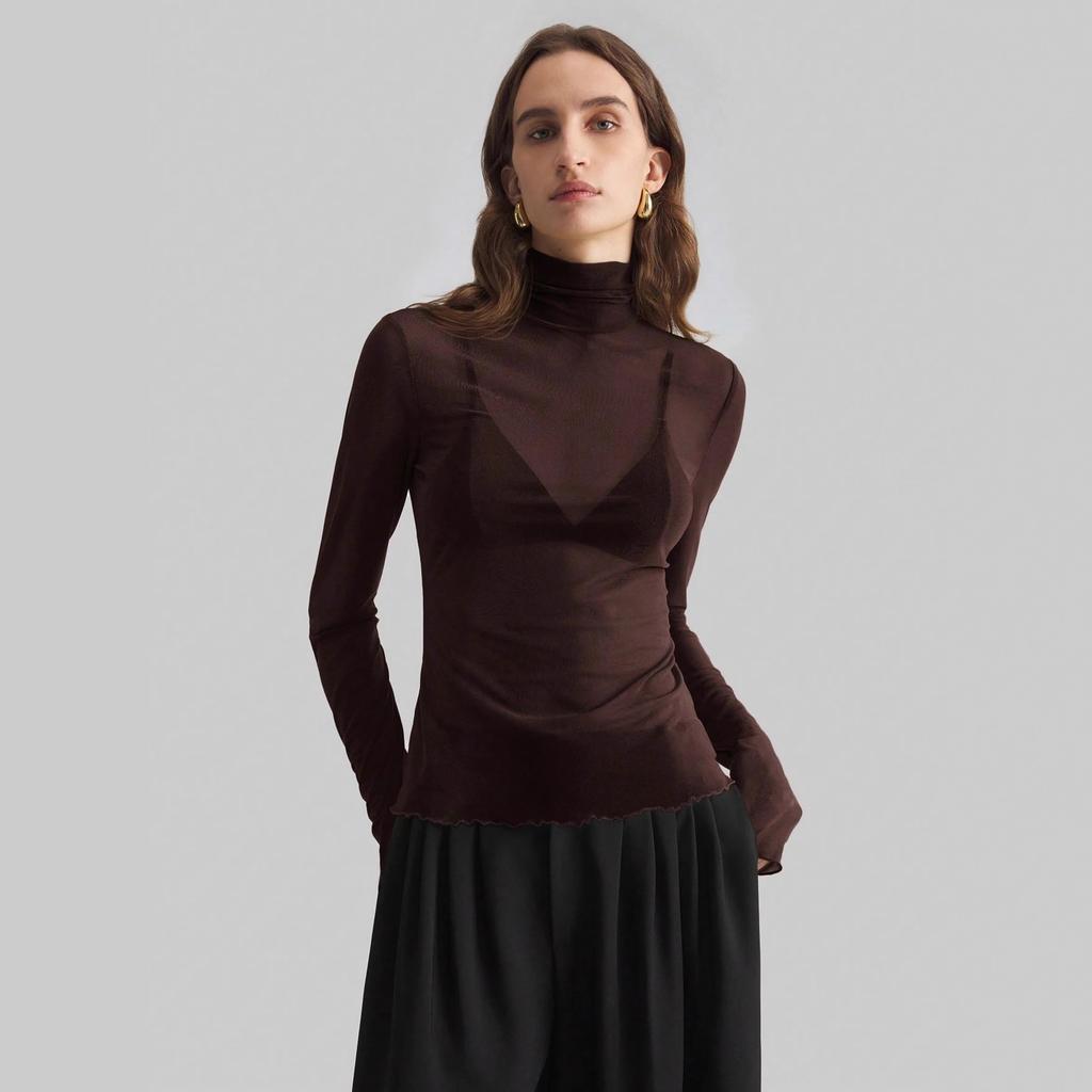Women Solid Mesh Stand Collar Top Long Sleeve Slim Commute Wear Autumn Winter