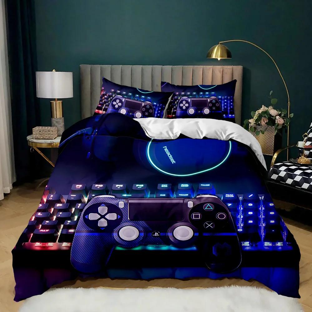 Gamepad Duvet Cover Set Twin King Size Polyester Gaming Comforter Cover Gamer Decor for Teen Boys Green Neon Gamepad Bedding Set