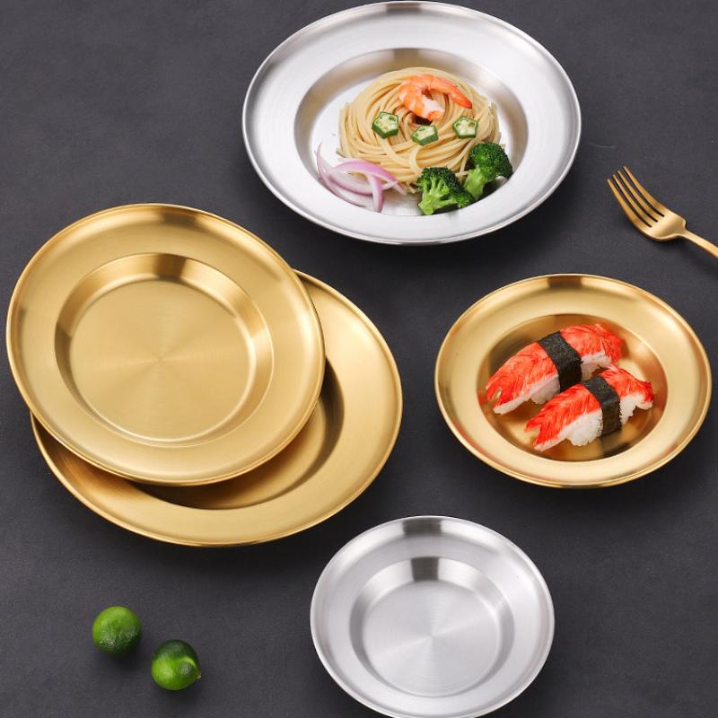 Round Kitchen Bar Tableware Cake And Fruit Snack Salad Plate Kitchen Accessories Stainless Steel Plate Camping Picnic Plate