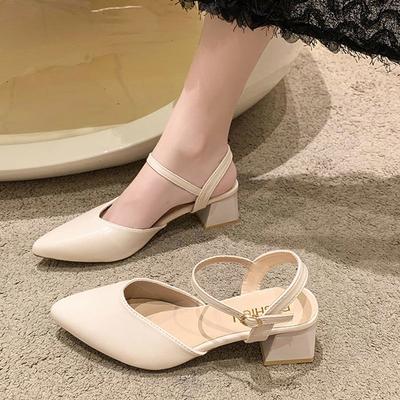 Baotou Sandals Women's Thick Heel 2025 New Simple Word with Buckle Empty Beige with Skirt Summer Single Shoes Women