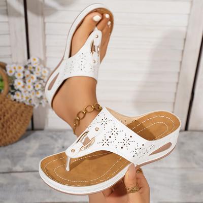 Summer New Toe Casual Slope Heel Toe Slippers Women's Sewing Line Thick-soled Flower Hollow Thick-soled Flip-flops