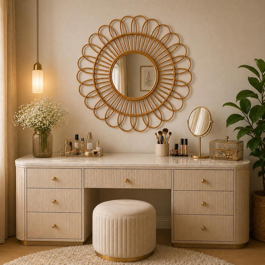Eco Decx Rattan Flower Wall Mirror, Handwoven Boho Decorative Hanging Mirror for Bedroom & Living Room Decor, 60 x 2 x 55 cm