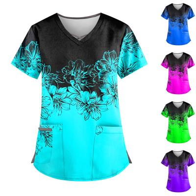 (brisand) Uniforme de lucru cu imprimeu cu flori de mărime plus, Topuri pentru femei, cu decolteu în V, cu mâneci scurte, tricouri distractive, haine de lucru, tricou cu buzunare